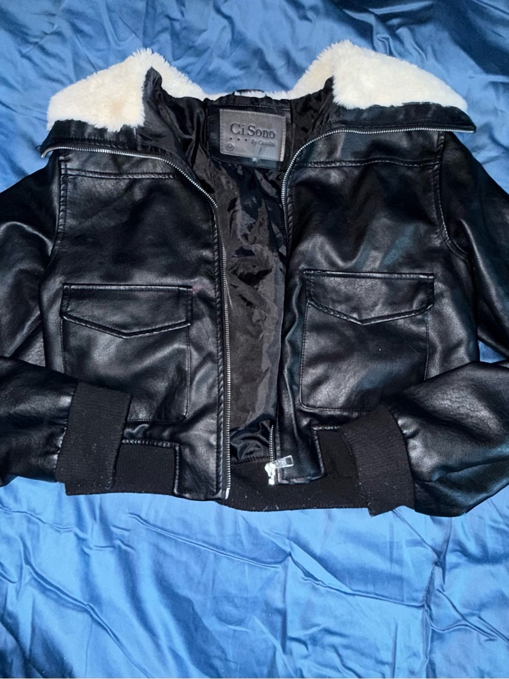 Ci Sono Black Faux Leather Jacket with White Sherpa Collar